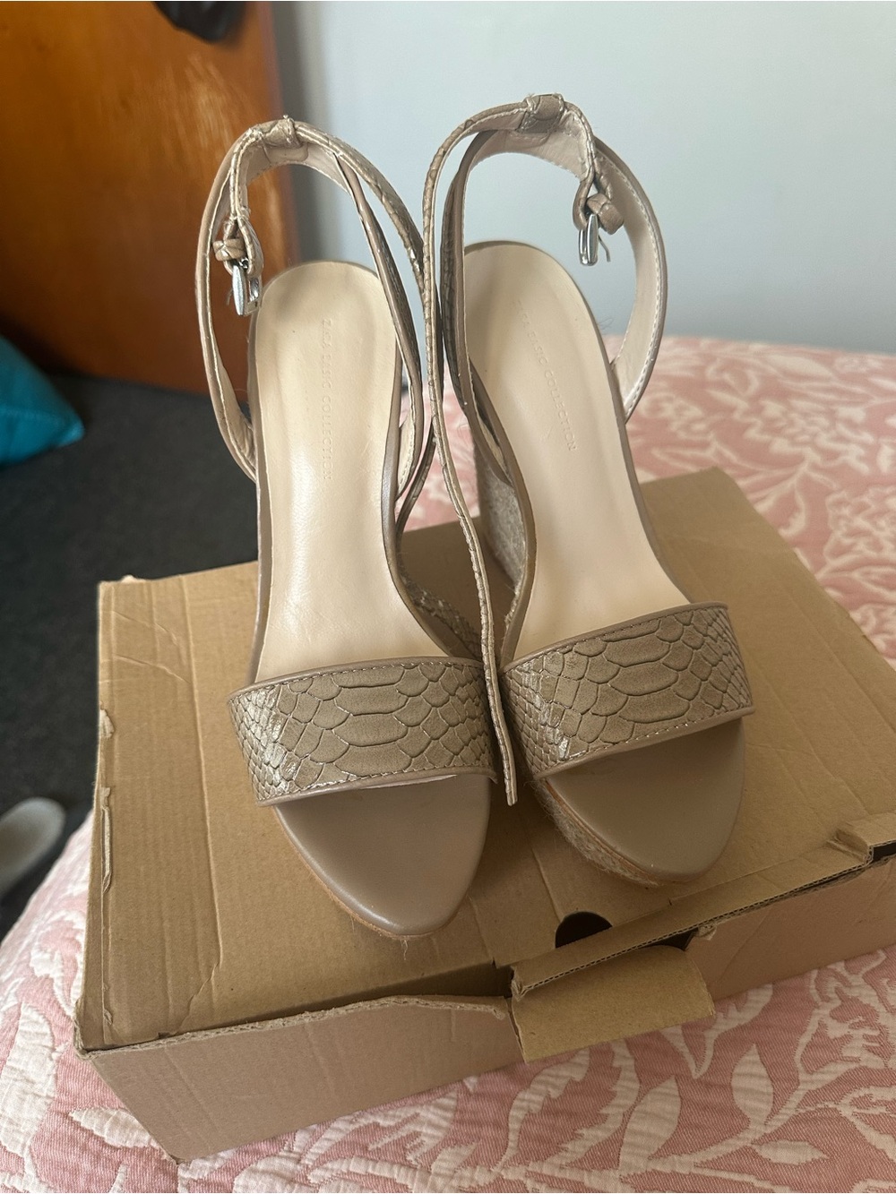 Zara Neutral Taupe Textured Strap Wedges